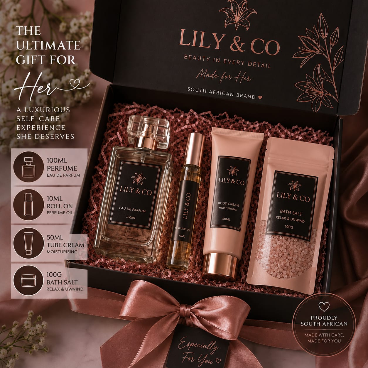 Lily & Co Women's Fragrance Gift Set — open box showing 100ml perfume, roll-on, body cream and bath salt