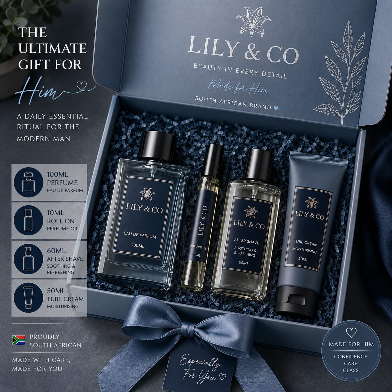 Lily & Co Men's Fragrance Gift Set — open box showing 100ml perfume, roll-on, after shave and tube cream